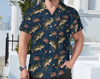 Bass Fishing Hawaiian Shirt, Patriotic American Flag Print, Men's Summer Beach Button-Up