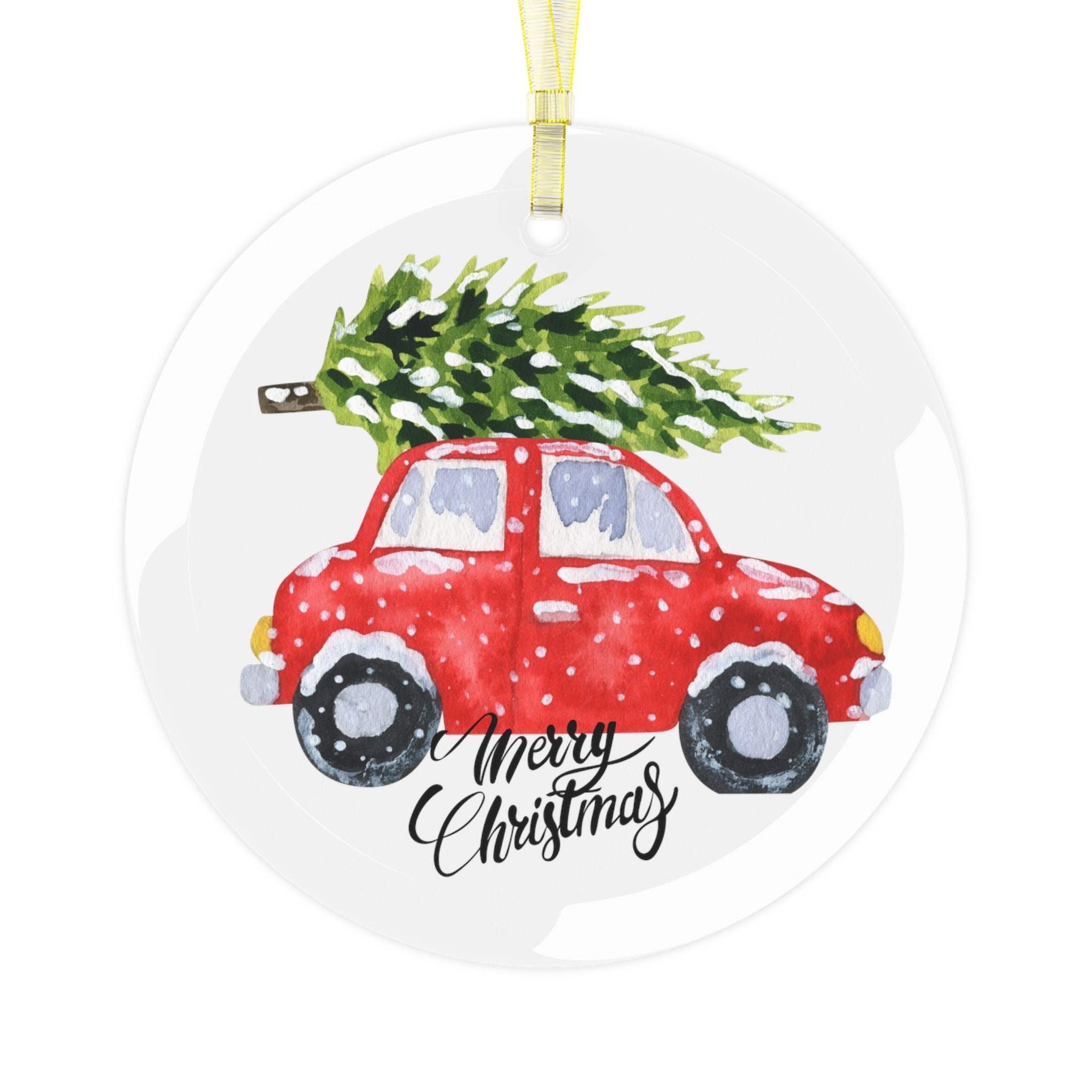 Merry Christmas Glass Ornament Car With Christmas Tree Etsy