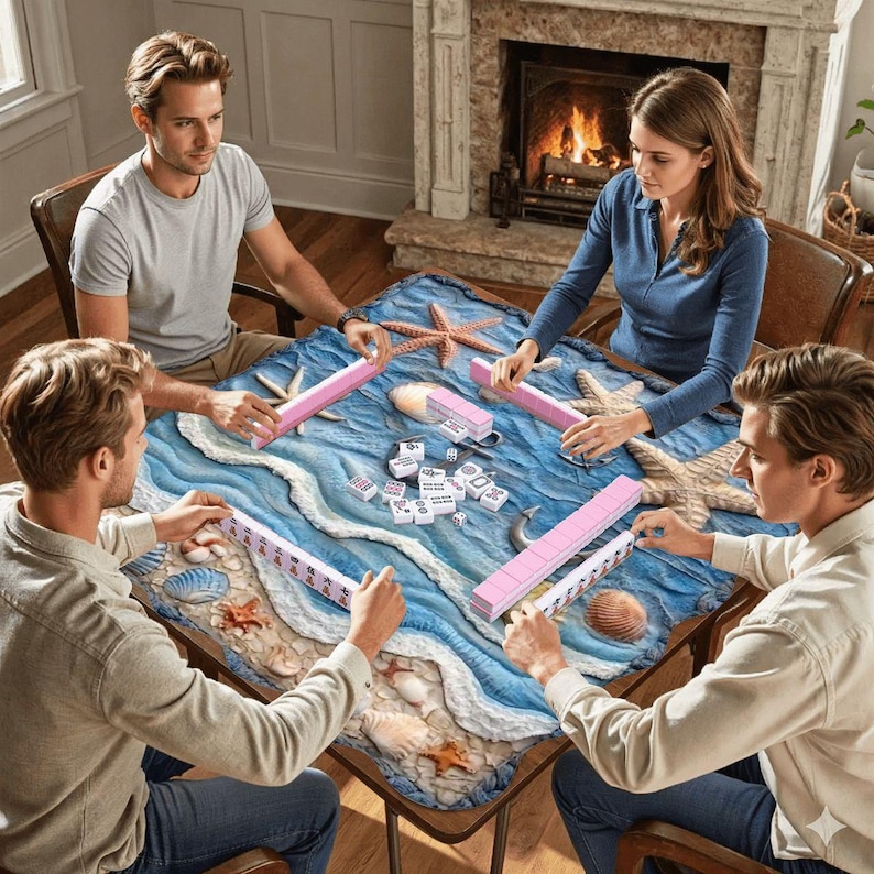 Coastal Scalloped Mahjong Mat 31.5x31.5, Beach Mahjong Table Mat, Ocean Shell, Nautical Game Mat, Foldable Travel Mahj Mat (Ships Folded) image 6