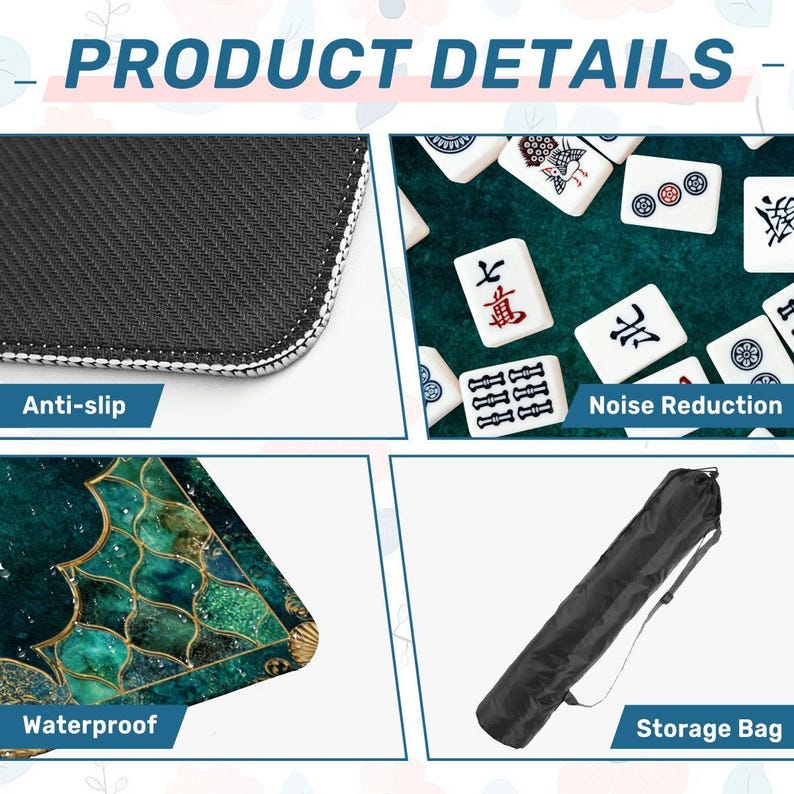 Emerald Coastal Mahjong Mat 33x33 Foldable Mahjong Game Mat with Storage Bag, Luxury Teal Gold Mahjong Table Cover, Mermaid Coastal Decor zdjęcie 7