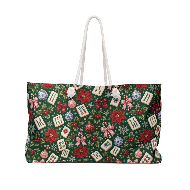 Christmas Mahjong Bag, Holiday Mahjong Storage Tote, 24 x 13 Inch Mahjong Rack Bag, Poinsettia Tile Game Gift image 3