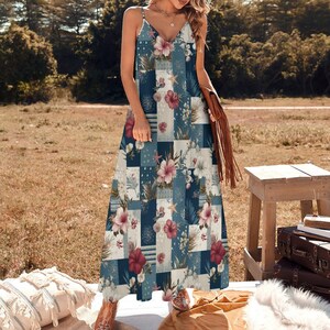 Floral Patchwork Maxi Dress, Red White Blue Sundress, 4th of July Dress Women, Boho Beach Dress, Summer Vacation Outfit, Coastal Maxi Dress image 5