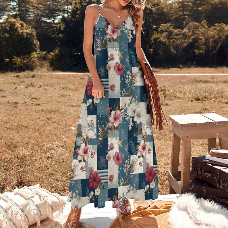 Floral Patchwork Maxi Dress, Red White Blue Sundress, 4th of July Dress Women, Boho Beach Dress, Summer Vacation Outfit, Coastal Maxi Dress image 5