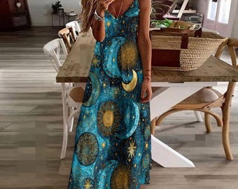 Celestial Sun Moon Stars Maxi Dress | Women’s Astrology Print Ankle-Length Dress | Cosmic Boho Summer Outfit