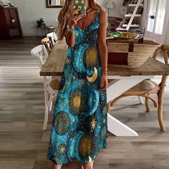 blue astrology dress Celestial Sun Moon Stars Maxi | Women's Print Ankle-Length Dress denim dresses Light Blue Long Sheer Color:Light blue-white edited and prepared by