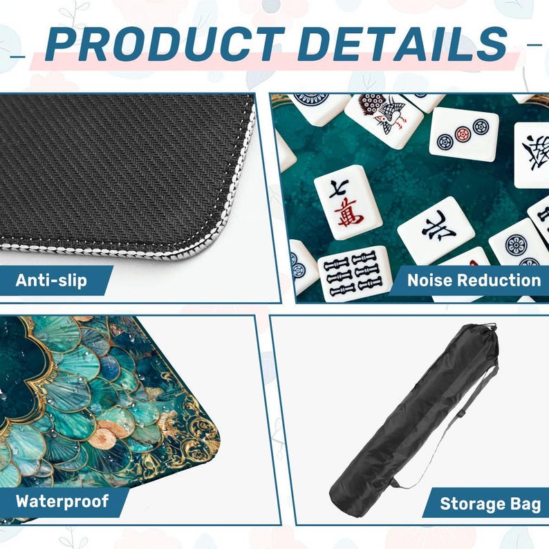 Mermaid Mahjong Mat 33x33, Coastal Mahjong Table Cover, Teal Shell Mahjong Mat, Foldable Travel Mahjong Mat with Storage Bag, Game Decor image 10