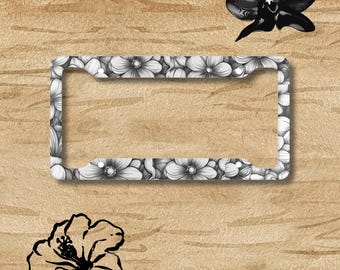 Floral License Plate Frame: Black & White Flower Print Aluminum Car Tag
