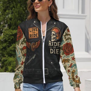 Easy Lazy Halloween Jacket, Women’s Biker Tattoo Sleeve Zipper Jacket , Fun All Over Print Biker Illusion Graphic Jacket