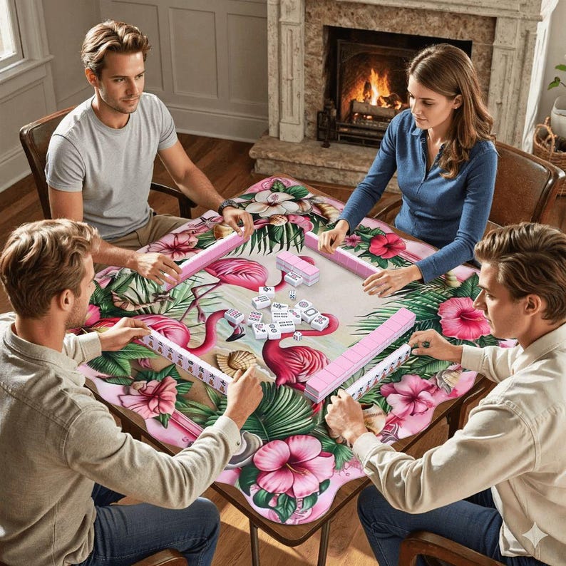 Tapete de Mahjong con borde festoneado de 80 cm (31,5 pulgadas), tapete de mesa tropical con flamencos, tapete de juego antideslizante e impermeable, tapete de Mahjong de viaje, regalo costero imagen 7