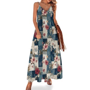 Floral Patchwork Maxi Dress, Red White Blue Sundress, 4th of July Dress Women, Boho Beach Dress, Summer Vacation Outfit, Coastal Maxi Dress White ffffff