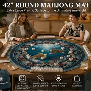 May include: A 107 cm round mahjong mat featuring a deep blue underwater scene with sea turtles. The mat has a smooth surface, non-slip backing, and includes a carry bag. Text on the mat reads 42" ROUND MAHJONG MAT and 42" MAHJONG MAT.