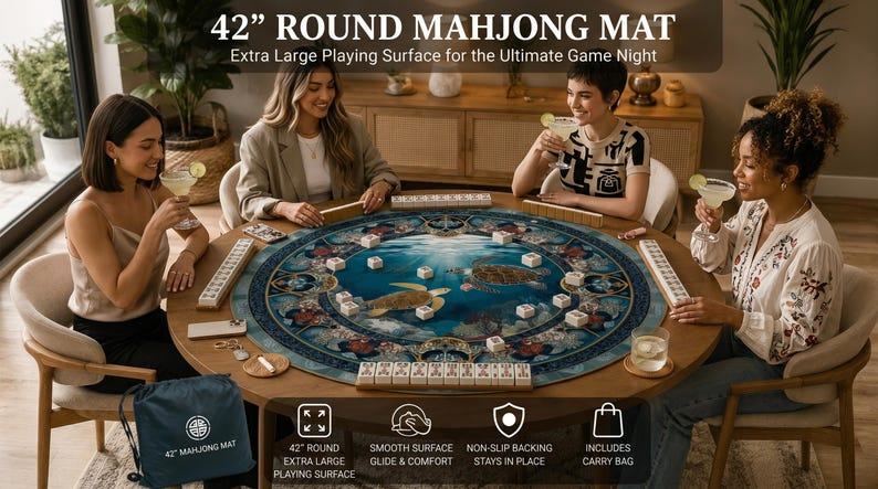 May include: A 107 cm round mahjong mat featuring a deep blue underwater scene with sea turtles. The mat has a smooth surface, non-slip backing, and includes a carry bag. Text on the mat reads 42" ROUND MAHJONG MAT and 42" MAHJONG MAT.