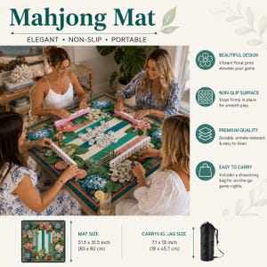 May include: A square Mahjong mat with a vibrant floral design, measuring 31.5 x 31.5 inches. The mat features a non-slip surface and includes a drawstring carrying bag. The text on the mat says "Mahjong Mat" and "Elegant, Non-Slip, Portable".