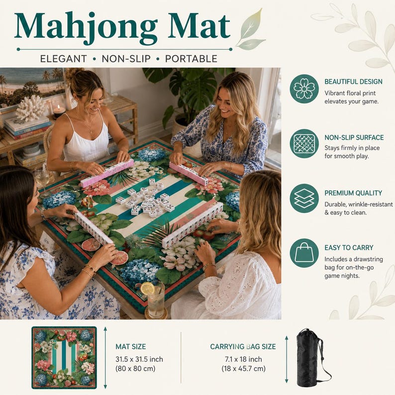 May include: A square Mahjong mat with a vibrant floral design, measuring 31.5 x 31.5 inches. The mat features a non-slip surface and includes a drawstring carrying bag. The text on the mat says "Mahjong Mat" and "Elegant, Non-Slip, Portable".