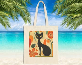 Schwarze Katzen-Tragetasche im Mid-Century-Modern-Stil: Retro-Canvas mit floralem Atommuster