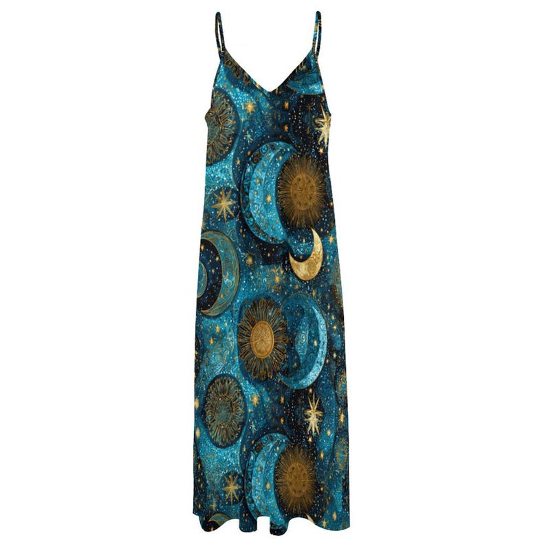Celestial Sun Moon Stars Maxi Dress | Women’s Astrology Print Ankle ...