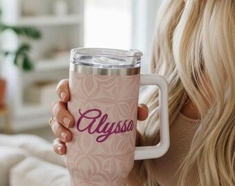 Custom 40 oz Tumbler with Handle –  Name Travel Mug – Pink Floral–Trendy Cup Personalized Gift for Her – Made in USA