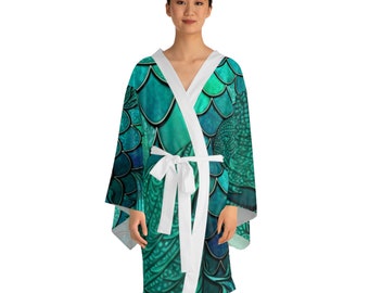 Mermaid Print Robe, Long Sleeve Kimono Robe, Mom Gift Idea, lounge wear