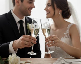Personalized Newlywed Romantic Couple Silhouette Champagne Glass | Engraved 8oz Flute