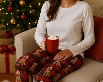 Christmas Goldendoodle Pajama Pants for Men – Red Plaid Santa Hat Dog Pattern – Holiday Loungewear, Custom Dog Lover Gift