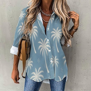 Blue Palm Tree Button Down Shirt for Women, Tropical Resort Wear Blouse, Coastal Beach Cover Up Top, Lightweight Vacation Shirt