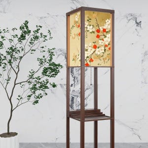 Japanese Floral Shelf Floor Lamp with Linen Shade, LED Bulb, USB & Outlet, 3 Tier Wood Storage Lamp for Living Room Bedroom Decor image 6