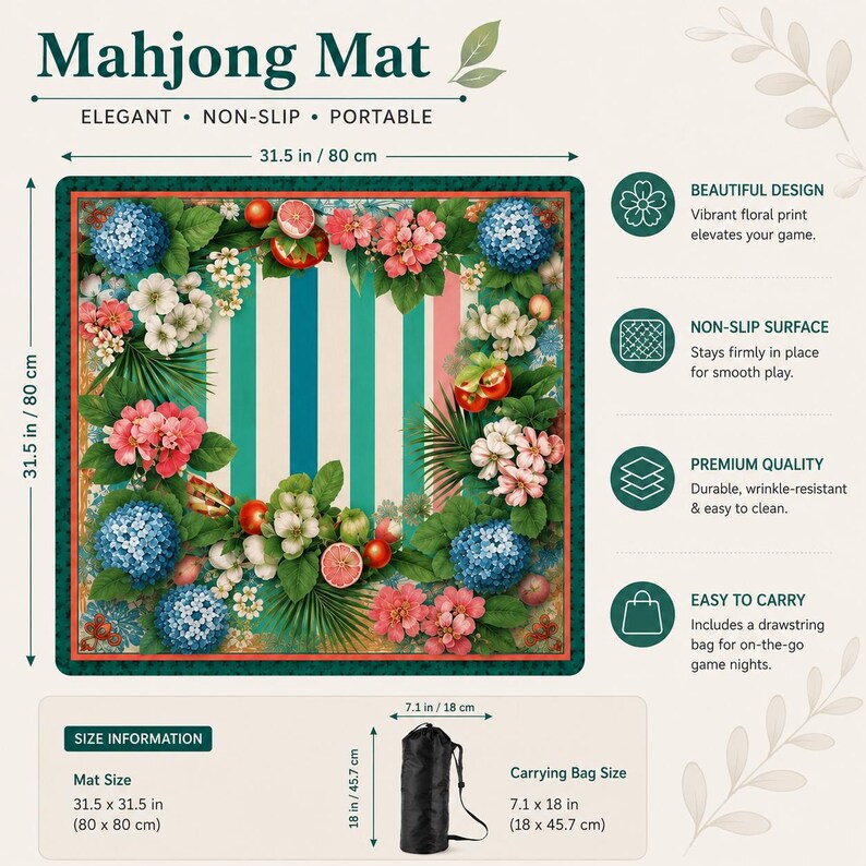 May include: Mahjong mat with a vibrant floral design. The mat is 31.5 x 31.5 inches (80 x 80 cm) and features a non-slip surface. Includes a drawstring carrying bag. The mat has a green border and a striped center.