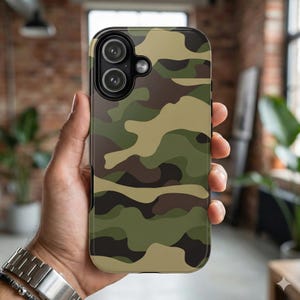 May include: A camouflage-patterned phone case in shades of green, brown, and tan. The case has a glossy finish and a black border. The phone case is held in a person's hand, showcasing the camera lenses.