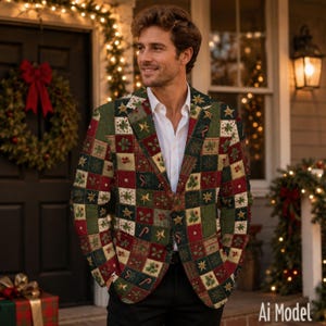 May include: A blazer featuring a festive patchwork pattern of red, green, and gold squares. The design includes holiday motifs such as holly leaves, berries, stars, and candy canes. The blazer is worn over a crisp white button-down shirt.