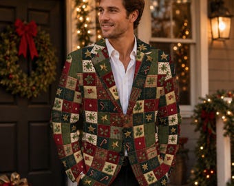 Christmas Patchwork Blazer for Women & Men, Holiday Party Jacket,Festive Christmas Suit Coat,Slim Fit Christmas Blazer,Ugly Christmas Jacket