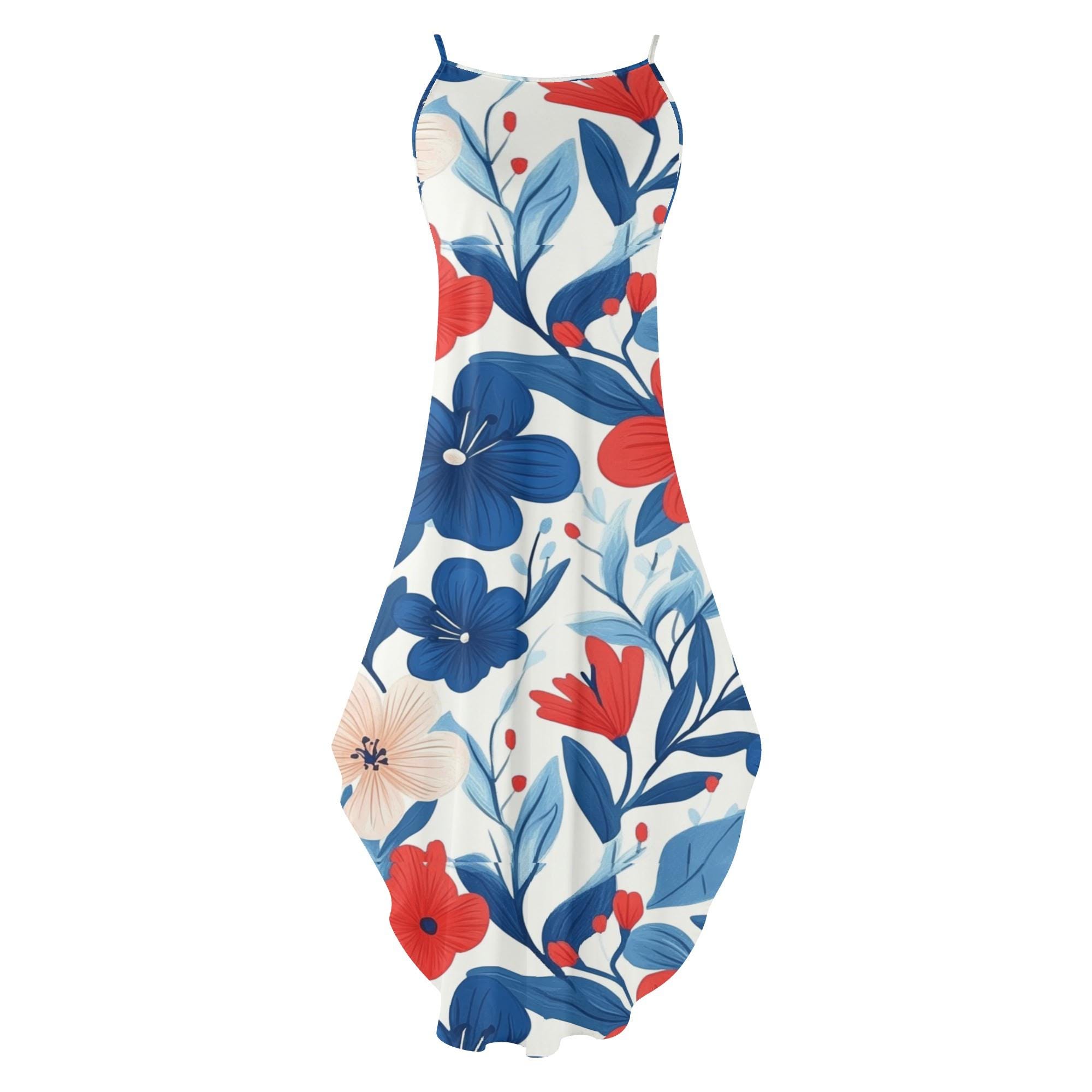 maxi dresses red white and blue Women's Along the Coast Blue & White Floral Pattern Linen Blend Sleeveless Maxi Dress | Size: Xs