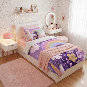 May include: A bedroom scene featuring a white bed with a purple floral and rainbow patterned comforter and pillows. A pink throw blanket is draped over the bed. A pink rug and mushroom lamp are on either side of the bed. A vanity with a lighted mirror is in the background.