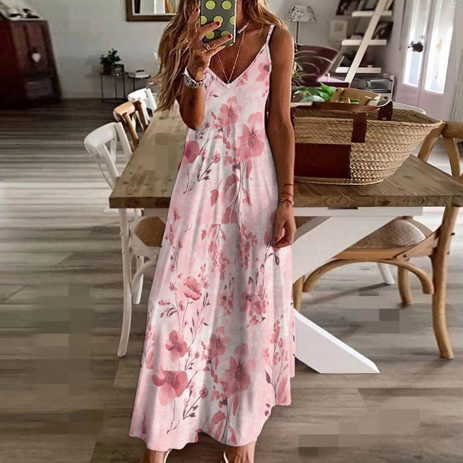 Pink Floral Slip Dress: Spaghetti Strap Ankle-Length Summer Dress