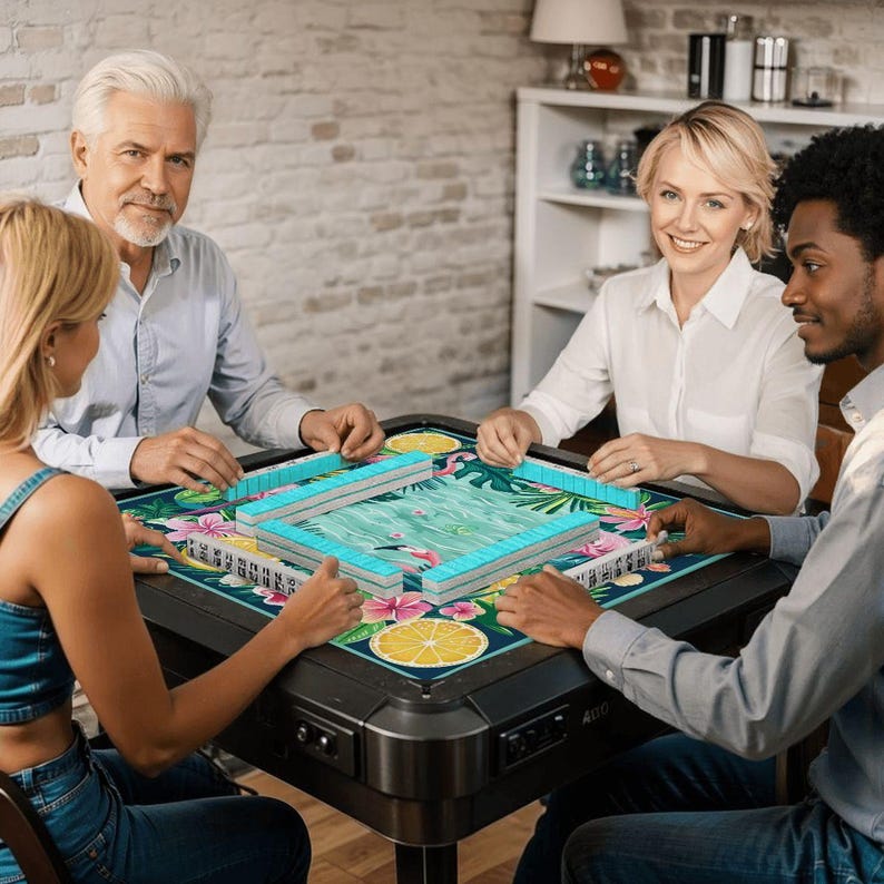 Flamingo Mahjong Mat, Tropical Citrus Palm Game Table Cover, Foldable (31.5") image 9
