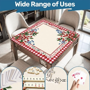 Christmas Mahjong Mat, Holiday Mahjong Table Mat, Red Gingham Cherry Border Mahjong Mat, Personalized Mahjong Gift, Foldable Travel Game Mat image 1