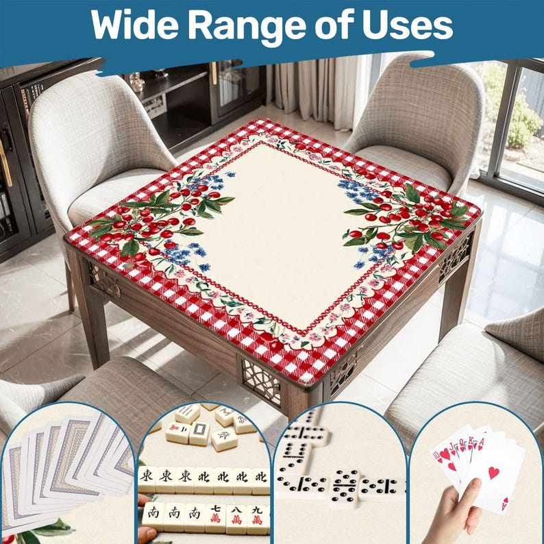 Christmas Mahjong Mat, Holiday Mahjong Table Mat, Red Gingham Cherry Border Mahjong Mat, Personalized Mahjong Gift, Foldable Travel Game Mat image 1
