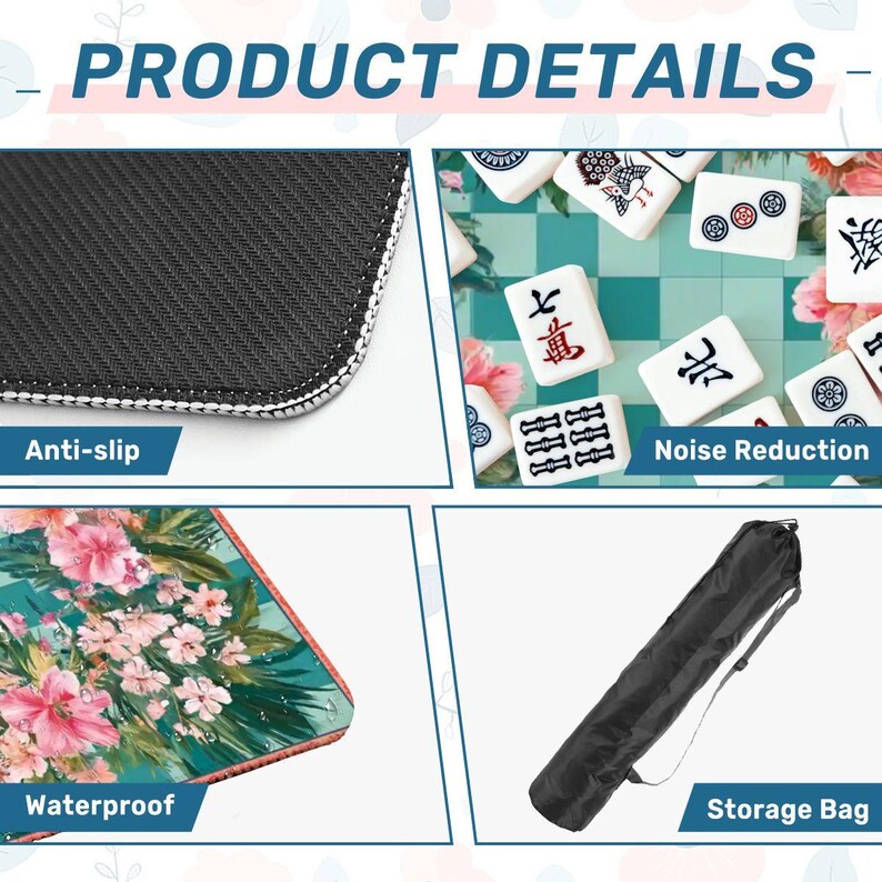 Floral Mahjong Mat 31.5x31.5 Tropical Hibiscus Mahjong Table Mat Non Slip Mahjong Game Mat Pink Green Tile Mat Gift for Mahjong Players Bild 6