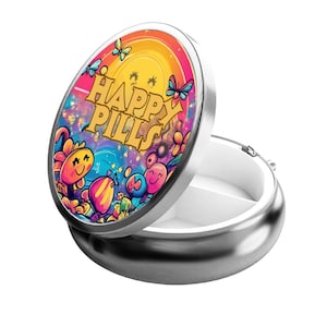 Happy Pills Funny Round Small Pill Box, Medication Holder, Pill Holder, Cute Pill Box