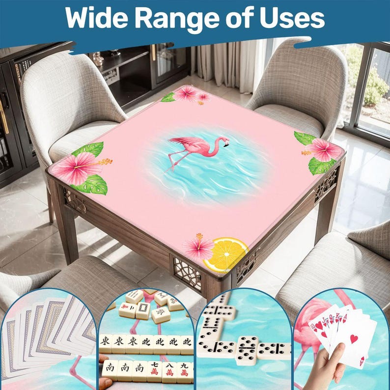 Pink Flamingo Mahjong Mat, Tropical Mahjong Table Mat, Coastal Game Night Decor, Hibiscus Mahjong Cover, Beach Mahjong Accessory, 31.5 Inch image 1