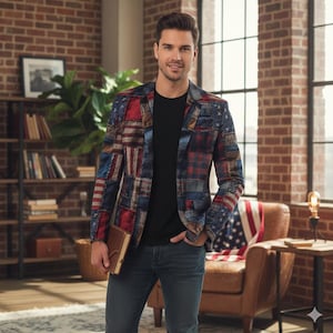 May include: A patchwork blazer featuring American flag and plaid patterns in red, white, and blue. The blazer is worn over a black t-shirt and paired with blue jeans. The person is holding a brown book.