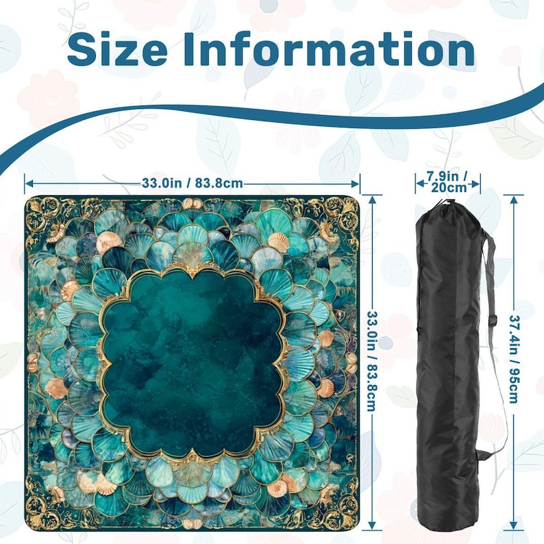 Mermaid Mahjong Mat 33x33, Coastal Mahjong Table Cover, Teal Shell Mahjong Mat, Foldable Travel Mahjong Mat with Storage Bag, Game Decor image 7