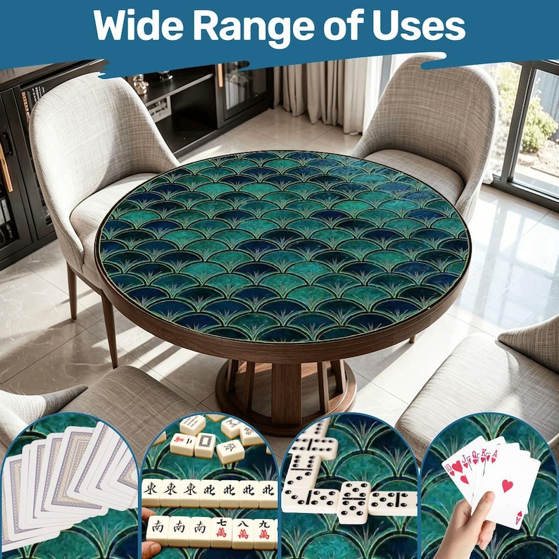 Round Mahjong Mat 42 Inch, Coastal Mahjong Mat, Art Deco Fan Pattern Game Mat, Large Mahjong Table Cover, Mahjong Accessories, Mahjong Gift image 1