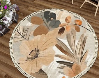 Floral Round Rug: Boho Botanical Rug with Tassels