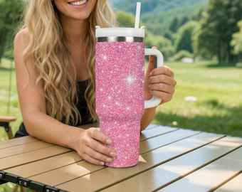 Pink Faux Glitter 40oz Tumbler With Handle, Insulated Travel Cup With Straw.              .