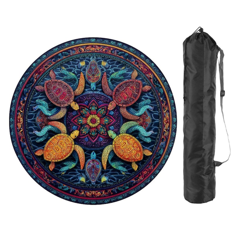 Sea Turtle Mahjong Mat 42Inch Round Game Mat, Coastal Mahjong Table Cover, Ocean Turtle Game Night Decor,Non Slip Rubber Backed Mat with Bag image 2