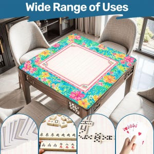 May include: A wooden game table with a floral patterned top, surrounded by chairs. The table features a central white area framed by a pink border and colorful flowers. The image includes examples of games like cards, dominoes, and mahjong.