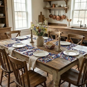 Patriotic Floral Table Runner & Placemats, Red White Blue Patchwork Linen Table Decor