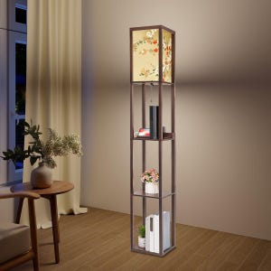 Japanese Floral Shelf Floor Lamp with Linen Shade, LED Bulb, USB & Outlet, 3 Tier Wood Storage Lamp for Living Room Bedroom Decor image 7