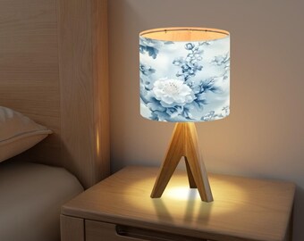 Blue Floral Table Lamp: Chinoiserie Linen Shade, Wooden Tripod Base