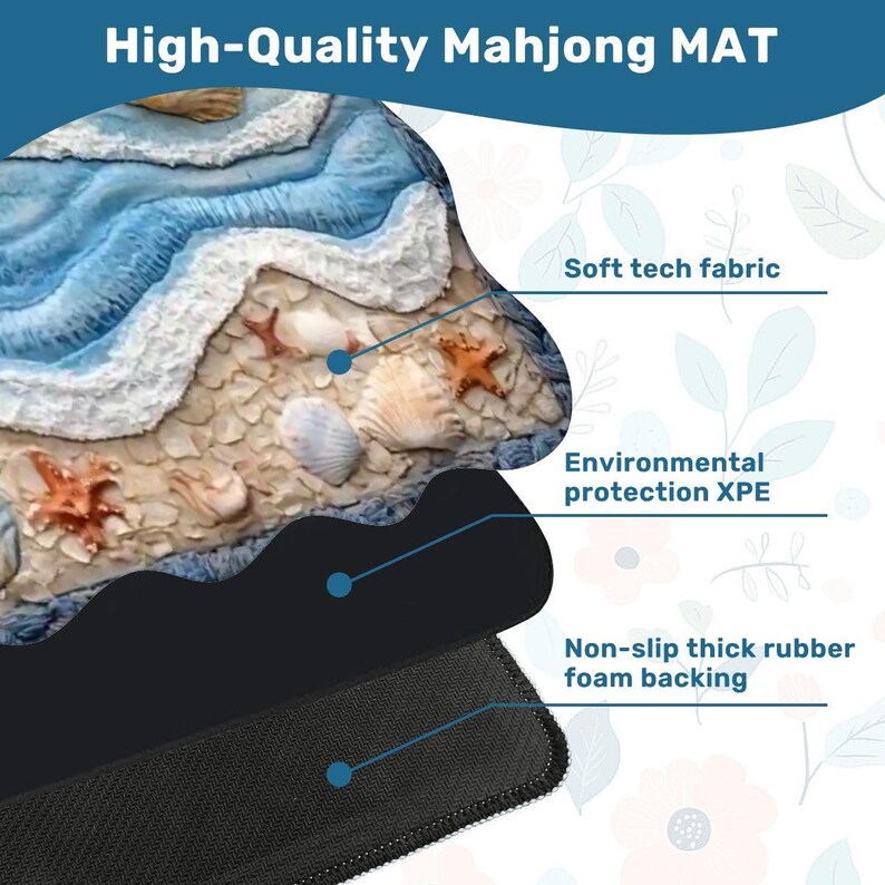 Coastal Scalloped Mahjong Mat 31.5x31.5, Beach Mahjong Table Mat, Ocean Shell, Nautical Game Mat, Foldable Travel Mahj Mat (Ships Folded) image 4